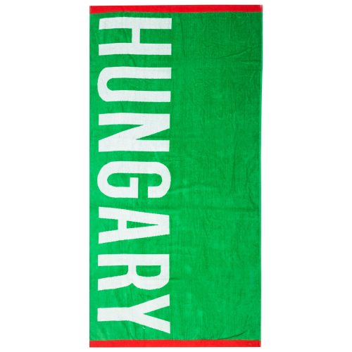Hungary zöld strandtörölköző teljes nézetben, fehér HUNGARY felirattal, piros szegéllyel