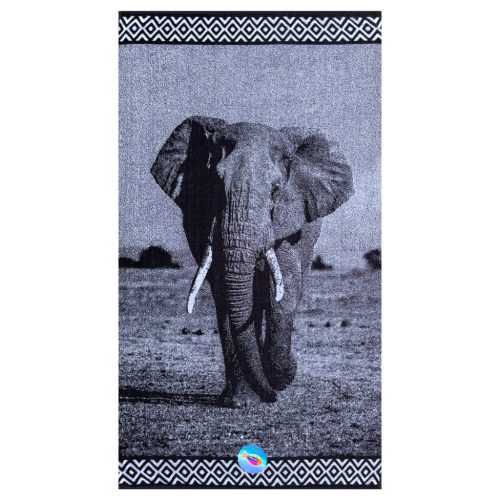 Animal – Elefántos pamut strandtörölköző, fekete-fehér, prémium minőség, XXL méret, részletgazdag állatminta, puha és jól szívja a vizet.